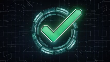 "Futuristic holographic green check mark on a dark grid background."