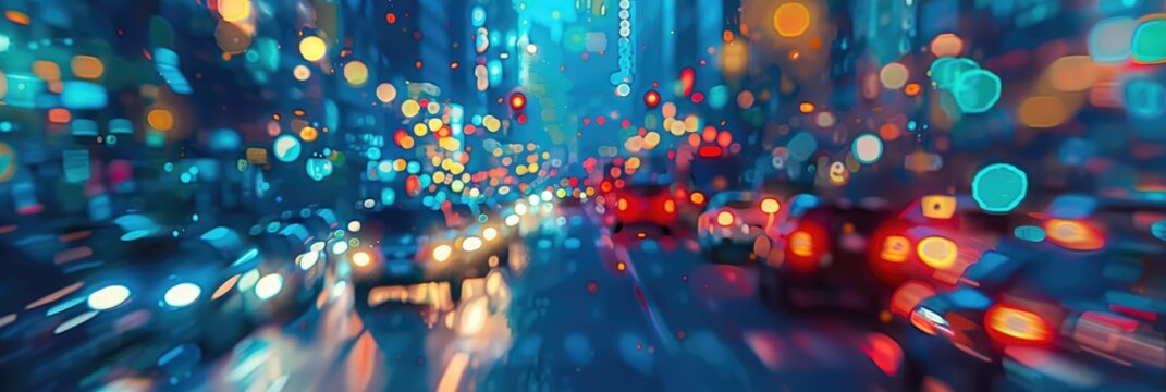 Abstract Cityscape with Vehicles Amidst Night Lights