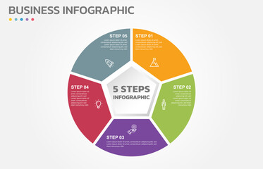 Visual data presentation. Cycle diagram with 5 options. Pie Chart Circle infographic template with 5 steps, options, parts, segments. Business concept. Marketing infographic vector illustration.