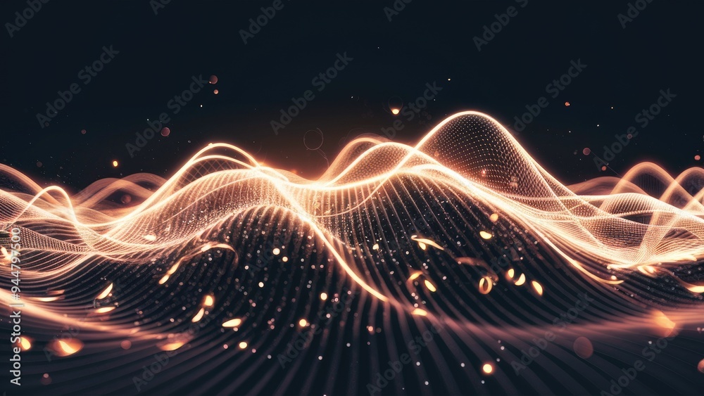 Poster glowing particle waves on dark background - abstract concept of technology and dynamic motion, 3d re