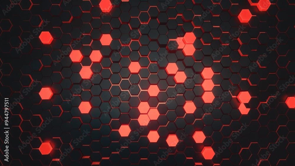 Leinwandbilder Glowing abstract hexagonal texture background. Modern 3D geometric design featuring hexagons. Dynamic black and red wallpaper with hexagonal patterns.
