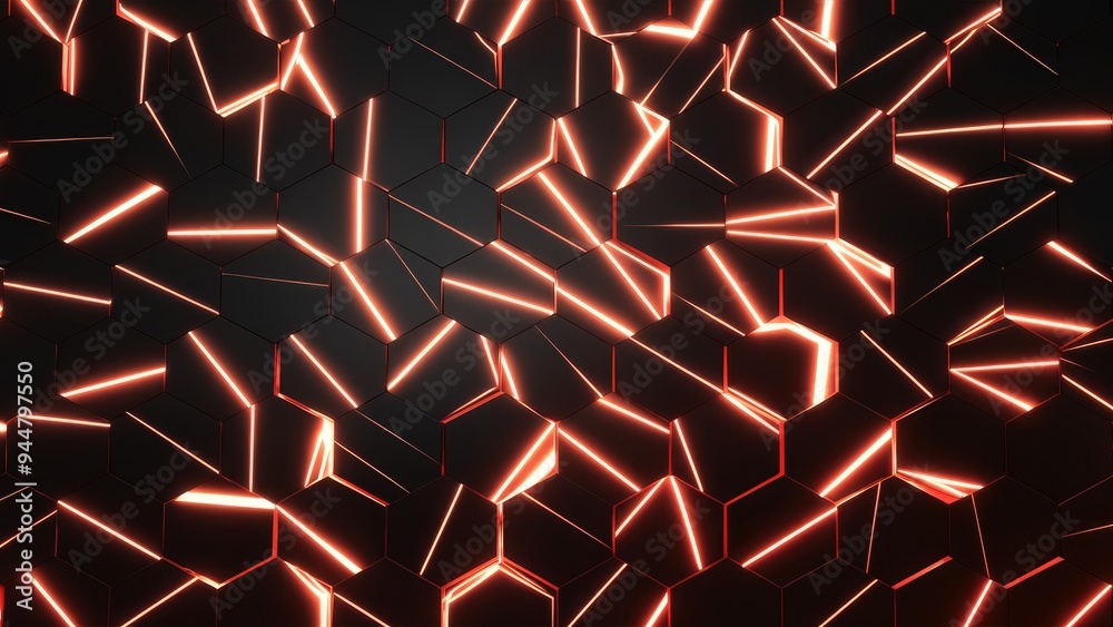 Fototapete Glowing abstract hexagonal texture background. Modern 3D geometric design featuring hexagons. Dynamic black and red wallpaper with hexagonal patterns.