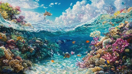 Colorful Underwater Coral Reef with Sea Turtle  Fish  and Blue Sky