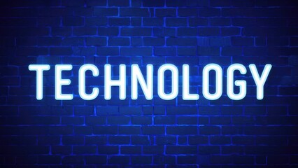  Glowing neon blue technology sign on a dark backdrop.