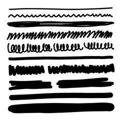 Obraz premium Set of artistic pen brushes. Hand drawn grunge strokes. Doodle lines, various dividers for web sites. Vector illustration