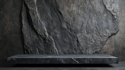 Abstract design with a dark stone platform, minimalist yet bold in its stark, textured background.