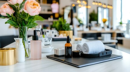 Elegant spa decor featuring beauty products, fresh flowers, and a soothing ambiance for relaxation and wellness.