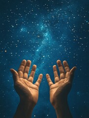 Praying muslim, hands open to the sky in the holy night. Social media story, vertical with generative ai