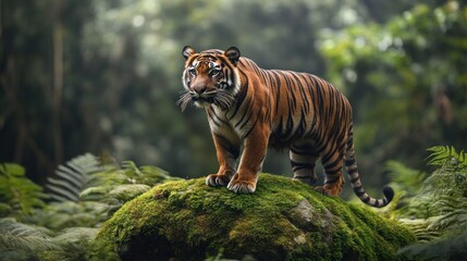 Obraz premium A powerful Sumatran Tiger stands on a moss-covered rock, surrounded by the rich foliage of the forest