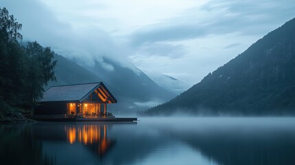 Fototapeta premium Dusk over a calm lake with a wooden house illuminated, foggy mountains in the background.