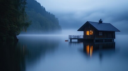 Fototapeta premium Dusk over a calm lake with a wooden house illuminated, foggy mountains in the background.
