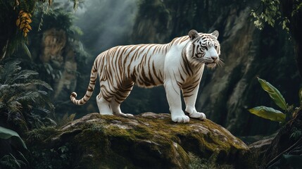 A powerful white tiger stands on a moss-covered rock, surrounded by the rich vegetation of the jungle.