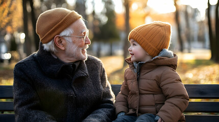 Family enjoying a park outing in autumn, featuring a parent with their child, a grandfather with his grandson, and moments of joy and togetherness