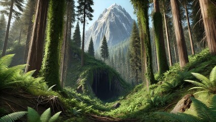 Naklejka premium Tropical forest tree nature trees green tropical jungle landscape rainforest fern palm wood lush. Tropical forest plant woods summer foliage outdoor path natural environment leaf rain forest park.
