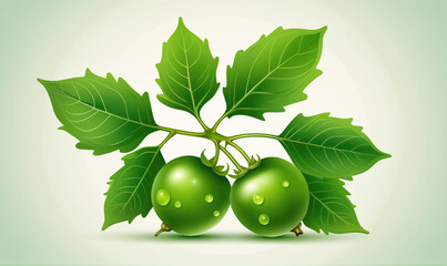 Two green tomatoes with dew drops grow on a vine with large, green leaves