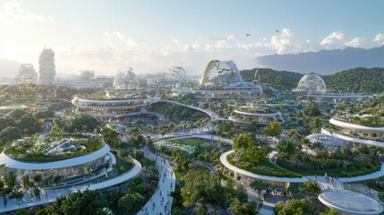 Obraz premium Futuristic Cityscape with Green Roofs and Sky Gardens