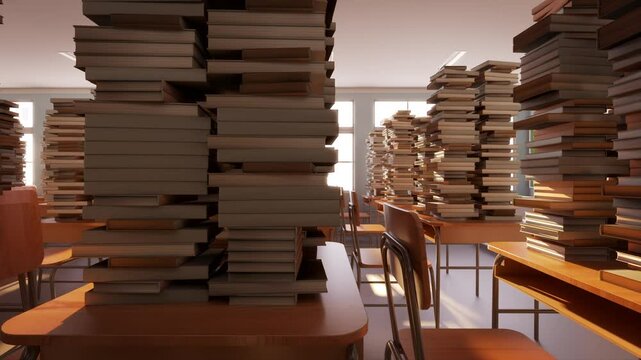 Rows up books stacking animation of education school classes room. learning back to school idea concept. 3D animation.	
