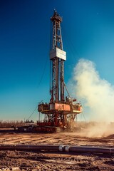 A drilling rig in action on a remote oil field, with heavy machinery and pipelines spread out across the landscape