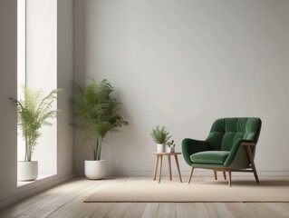 Green Armchair with Side Table and Plants in Minimalist Living Room