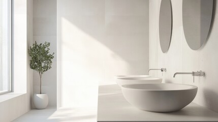 Fototapeta premium Clean and chic bathroom with minimalist double sinks, emphasizing modern design through elegant simplicity.