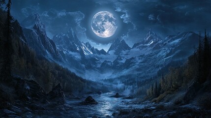 The full moon rises over a mountain range, its light illuminating the peaks and valleys in a peaceful, natural scene.