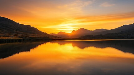 Fototapeta premium The golden hues of sunset over a mountain range, mirrored in the still waters of a serene lake