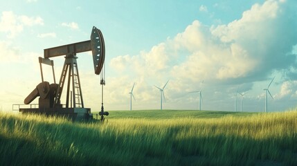 An oil drilling pump in a grassy field, with wind turbines visible in the distance