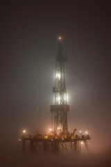 Obraz premium A drilling rig in the early morning fog, partially obscured by the mist that hangs over the oil field. The rig’s lights pierce through the fog