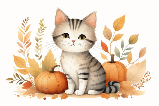 Illustration d'un chat assis parmi des feuilles d'automne, avec des citrouilles autour. Sc&egrave;ne mignonne et chaleureuse.