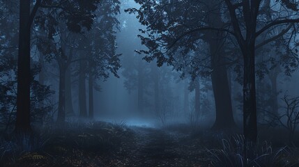 Mysterious dark forest with fog. Halloween concept. 3D Rendering.