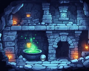 Dark Haunted Dungeon Illustration with Glowing Cauldron, Skulls, and Mysterious Green Smoke in Medieval Fantasy Setting