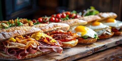 Variety of Baguette and Campero Sandwiches with Ham, Cheese, Fried Egg, Bacon, and additional fillings.