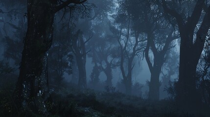 Mysterious dark forest with fog. Halloween concept. 3D Rendering.