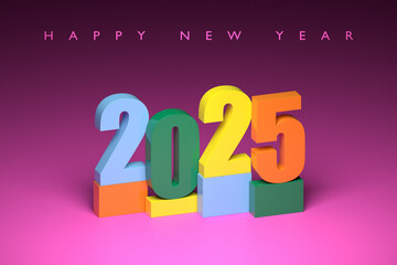 Calendar header number 2025 on pink   background. Happy new year 2025 colorful background.