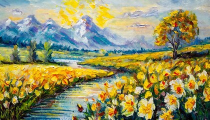 Fototapeta premium Oil Painting of a Vibrant Meadow on Canvas Featuring Yell Flowers Amidst a Colorful Landscape, Showcasing Impressionist Techniques to Capture the Beauty and Charm of a Flower-Filled Meadow in Stunning