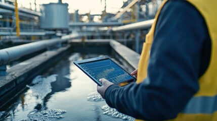 Close-up of engineer's hand holding tablet displaying wastewater treatment data.