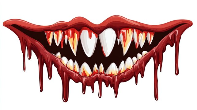 Halloween set clipart, eerie vampire fangs, dripping with blood, isolated on white background
