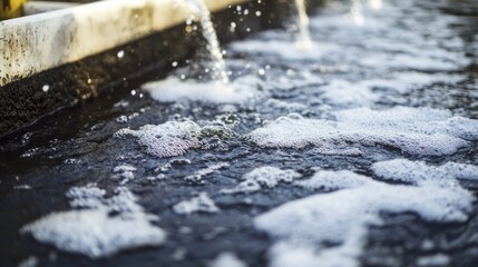 Close-up of wastewater treatment basin with aeration bubbles on the surface of the water