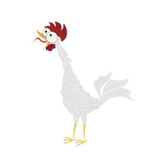 Cartoon white rooster crows, flat style