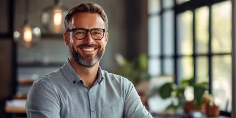 Business casual portrait of a smiling professional in a relaxed office setting with natural light and a minimalistic background