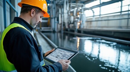 Engineer reviewing digital metrics on a tablet during a wastewater treatment plant inspection