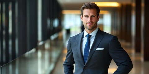 Naklejka premium High-quality professional photography featuring a confident executive in a tailored suit against a corporate backdrop with refined lighting