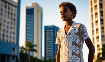 Fototapeta premium A young boy stands in front of a tall city building, looking toward the horizon