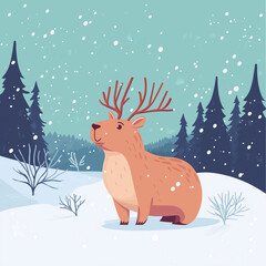 Fototapeta premium A cute Capybara reindeer sits peacefully in snowy landscape, surrounded by tall evergreen trees. scene evokes sense of tranquility and winter wonder.