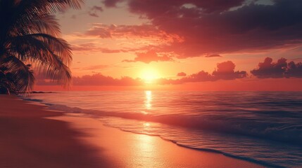 Tropical Sunset Beach Ocean Waves Palm Trees Golden Hour