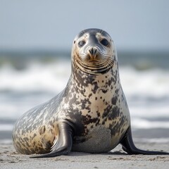 Obraz premium A little grey seal is sunbathing on the beach by the sea, enjoying the sunshine.