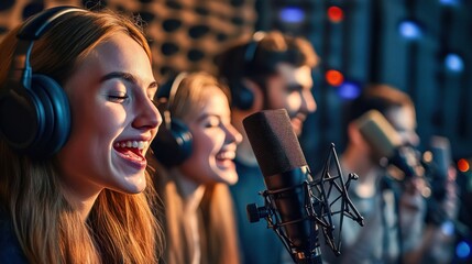 Group of friends in a studio setting, recording a podcast with high-quality audio equipment