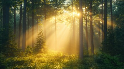Fototapeta premium Sunbeams Through Forest Trees and Fog