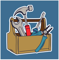 Wooden toolbox full of repair or construction instrument vector cartoon illustration