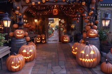 Obraz premium Festive Halloween display with carved pumpkins at a charming entrance in the evening glow
